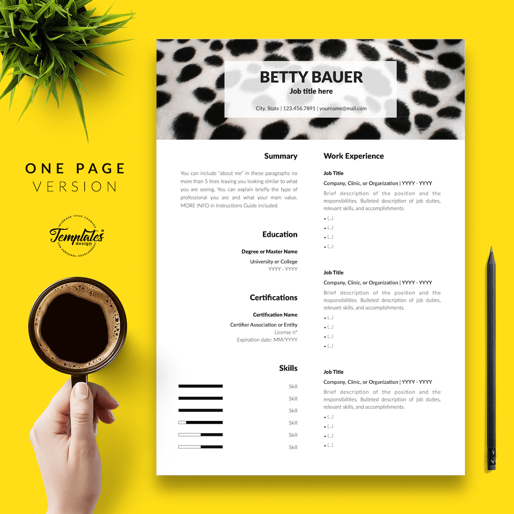 Animal Care Resume Template - Betty Bauer 02 - One Page Version - New version