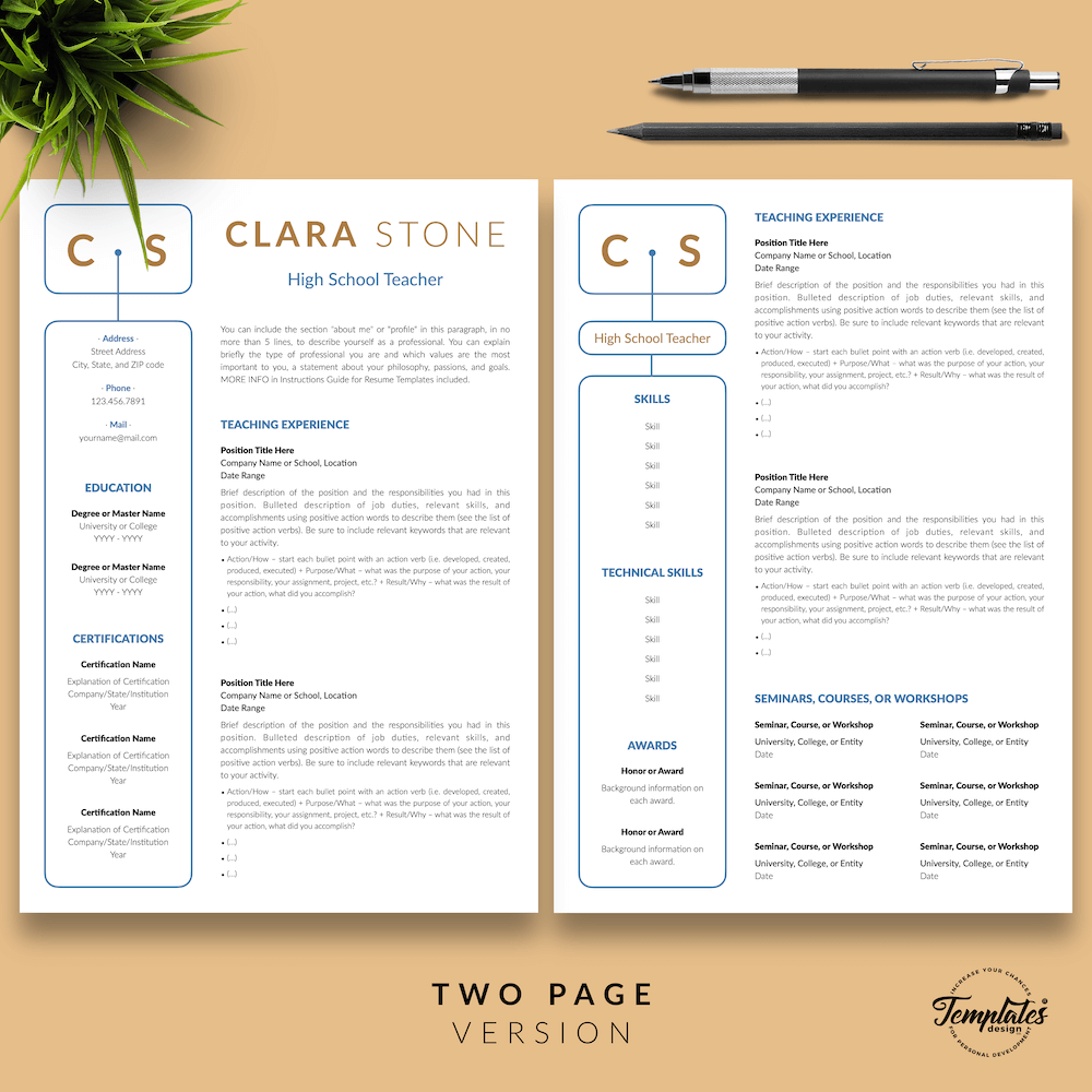 Creative Teacher Resume - Clara Stone 03 - Two Page Version - New version